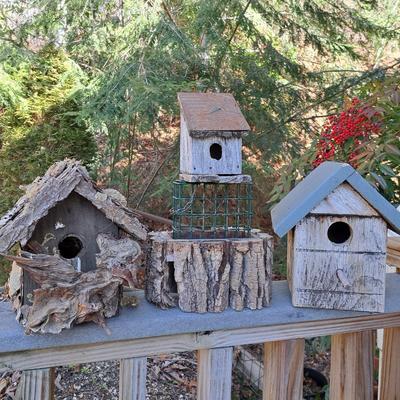 Three Rustic Birdhouses & Suet Feeder (BD-SD)