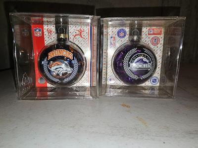 NFL Denver Broncos ornament and a NFL Colorado Rockies ornament