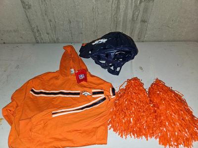 New with tags Denver Broncos long sleeve Hooded Shirt - orange pom-poms and an inflatable helmet