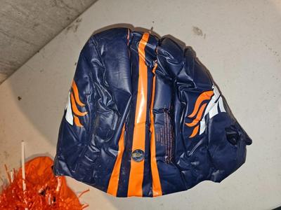 New with tags Denver Broncos long sleeve Hooded Shirt - orange pom-poms and an inflatable helmet