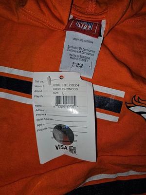 New with tags Denver Broncos long sleeve Hooded Shirt - orange pom-poms and an inflatable helmet