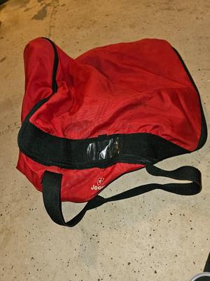 Sports bag with child's size rollerblades - Safety gear - and a few small golf clubs