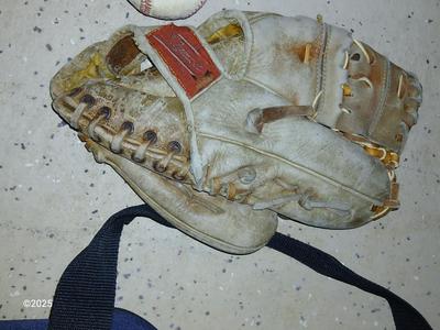 Wooden Rawlings Adirondack t-ball bat - two softball gloves - and a ball