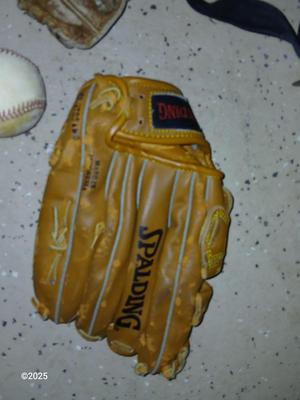 Wooden Rawlings Adirondack t-ball bat - two softball gloves - and a ball