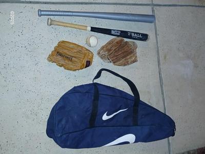 Wooden Rawlings Adirondack t-ball bat - two softball gloves - and a ball