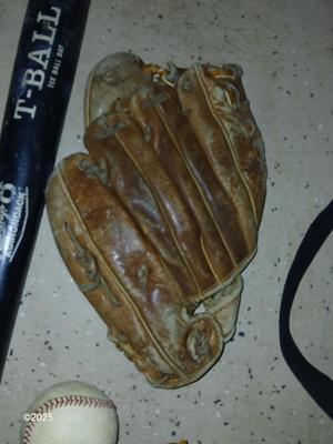 Wooden Rawlings Adirondack t-ball bat - two softball gloves - and a ball