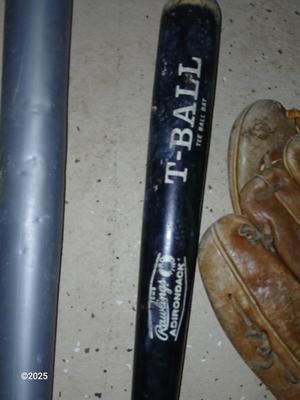 Wooden Rawlings Adirondack t-ball bat - two softball gloves - and a ball