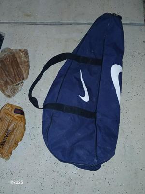 Wooden Rawlings Adirondack t-ball bat - two softball gloves - and a ball