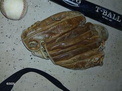 Wooden Rawlings Adirondack t-ball bat - two softball gloves - and a ball