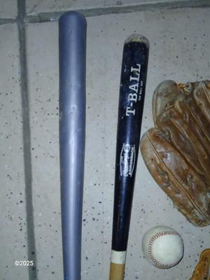 Wooden Rawlings Adirondack t-ball bat - two softball gloves - and a ball