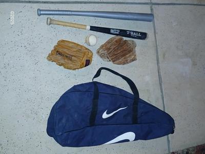 Wooden Rawlings Adirondack t-ball bat - two softball gloves - and a ball