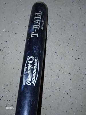 Wooden Rawlings Adirondack t-ball bat - two softball gloves - and a ball