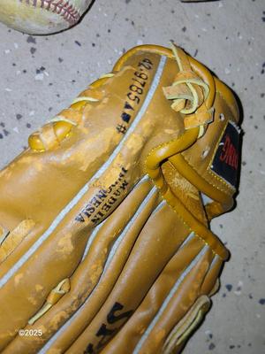 Wooden Rawlings Adirondack t-ball bat - two softball gloves - and a ball
