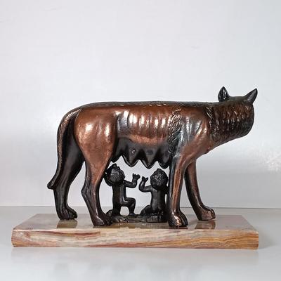 LOT 42D: Ricordo di Roma Bronze Statue of The Capitoline Wolf with Romulus and Remus on Marble Base