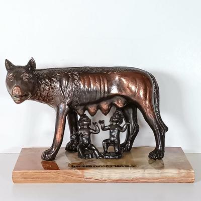 LOT 42D: Ricordo di Roma Bronze Statue of The Capitoline Wolf with Romulus and Remus on Marble Base