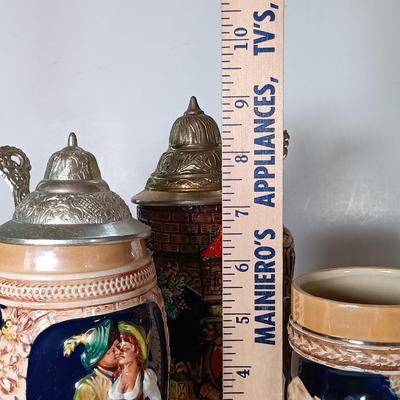 LOT 45D: Vintage West German Lidded Beer Stein, Mapsa Stein Music Box & Pair of German-Style Beer Steins