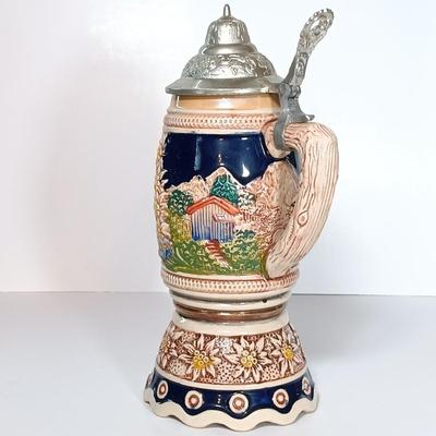 LOT 45D: Vintage West German Lidded Beer Stein, Mapsa Stein Music Box & Pair of German-Style Beer Steins