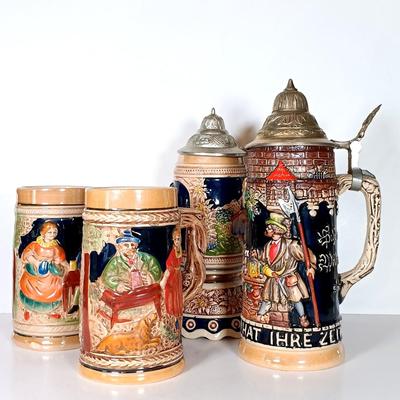 LOT 45D: Vintage West German Lidded Beer Stein, Mapsa Stein Music Box & Pair of German-Style Beer Steins