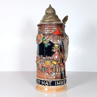 LOT 45D: Vintage West German Lidded Beer Stein, Mapsa Stein Music Box & Pair of German-Style Beer Steins