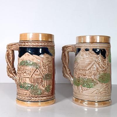 LOT 45D: Vintage West German Lidded Beer Stein, Mapsa Stein Music Box & Pair of German-Style Beer Steins