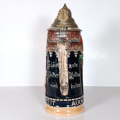 LOT 45D: Vintage West German Lidded Beer Stein, Mapsa Stein Music Box & Pair of German-Style Beer Steins