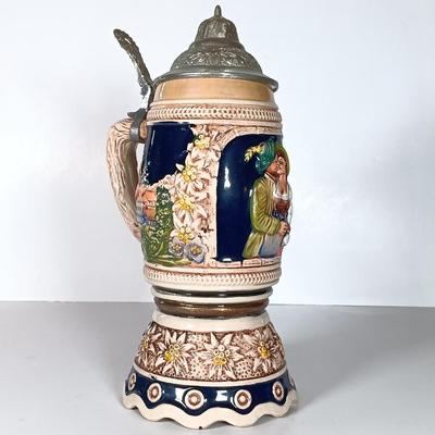 LOT 45D: Vintage West German Lidded Beer Stein, Mapsa Stein Music Box & Pair of German-Style Beer Steins