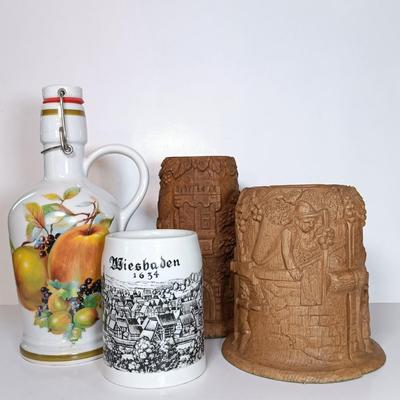 LOT 46D: Rosler Tettau-Bavaria Schnapps Bottle, Faux Wood German Ice Buckets & Royal Porcelain Bavaria Mug