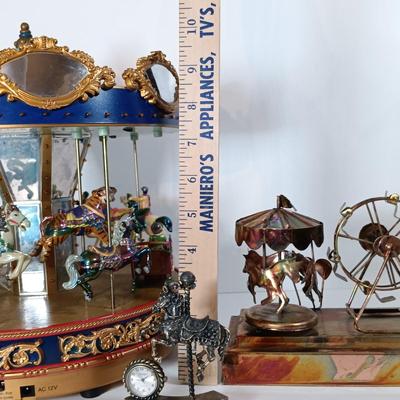 LOT 51D: Mr. Christmas Marquee Merry Go Round, Timex Miniature Carousel Horse Clock & MSR Metal Carousel Music Box