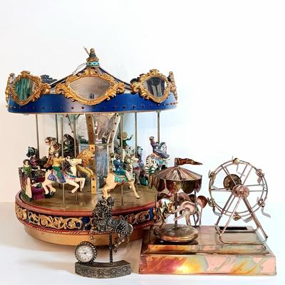 LOT 51D: Mr. Christmas Marquee Merry Go Round, Timex Miniature Carousel Horse Clock & MSR Metal Carousel Music Box