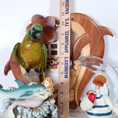 LOT 52D: Aloha Handcrafted Wood Dolphins, West German Crystal Dolphin, Sheila's Cape May Pink House & More