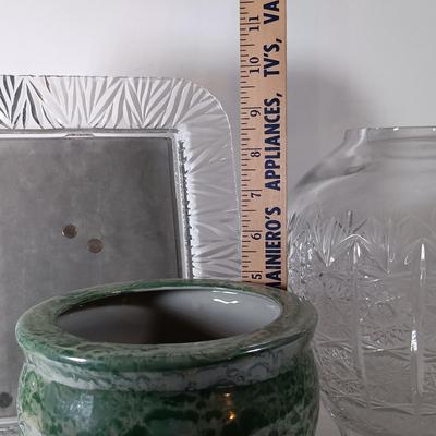 LOT 57D: Bohemian Cut Crystal Vase, Chinese Green Iridescent Pottery & Crystal Picture Frame