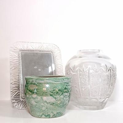 LOT 57D: Bohemian Cut Crystal Vase, Chinese Green Iridescent Pottery & Crystal Picture Frame