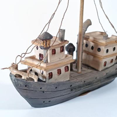 LOT 58D: Miniature Collectible Ships: Hard Resin Chesapeake Ship, Wood Confection Ship, Tybee Island Wood HMS Bounty & More