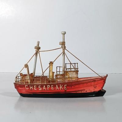LOT 58D: Miniature Collectible Ships: Hard Resin Chesapeake Ship, Wood Confection Ship, Tybee Island Wood HMS Bounty & More
