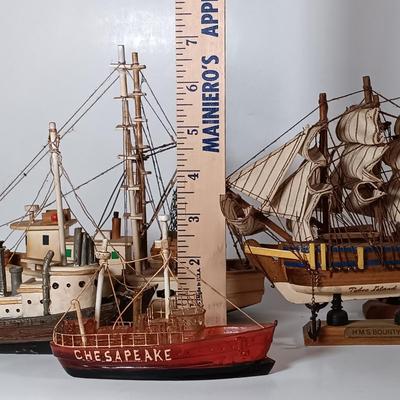LOT 58D: Miniature Collectible Ships: Hard Resin Chesapeake Ship, Wood Confection Ship, Tybee Island Wood HMS Bounty & More
