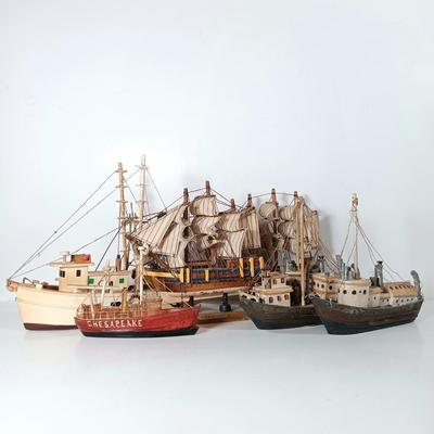 LOT 58D: Miniature Collectible Ships: Hard Resin Chesapeake Ship, Wood Confection Ship, Tybee Island Wood HMS Bounty & More