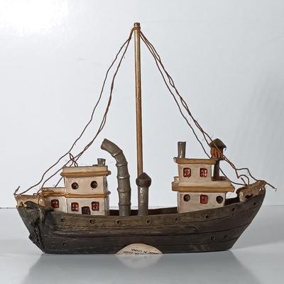 LOT 58D: Miniature Collectible Ships: Hard Resin Chesapeake Ship, Wood Confection Ship, Tybee Island Wood HMS Bounty & More