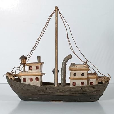 LOT 58D: Miniature Collectible Ships: Hard Resin Chesapeake Ship, Wood Confection Ship, Tybee Island Wood HMS Bounty & More