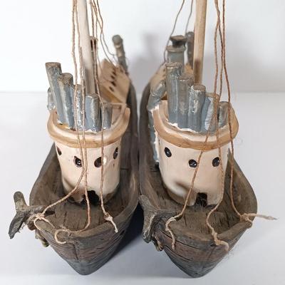 LOT 58D: Miniature Collectible Ships: Hard Resin Chesapeake Ship, Wood Confection Ship, Tybee Island Wood HMS Bounty & More