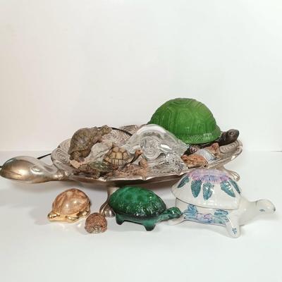 LOT 60D: Turtle Collection: Tiffany-Style Green Glass Turtle Lamp, Bohemian Green Glass Turtle Trinket Box, Indian Metal Turtle Tray...