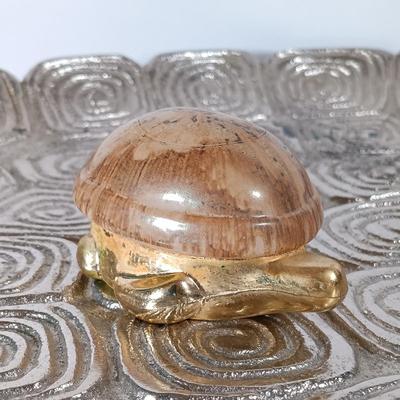 LOT 60D: Turtle Collection: Tiffany-Style Green Glass Turtle Lamp, Bohemian Green Glass Turtle Trinket Box, Indian Metal Turtle Tray...