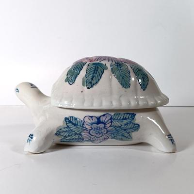 LOT 60D: Turtle Collection: Tiffany-Style Green Glass Turtle Lamp, Bohemian Green Glass Turtle Trinket Box, Indian Metal Turtle Tray...