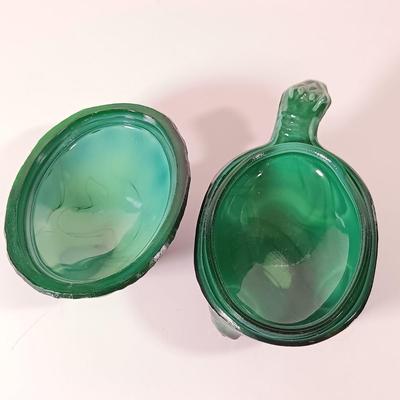 LOT 60D: Turtle Collection: Tiffany-Style Green Glass Turtle Lamp, Bohemian Green Glass Turtle Trinket Box, Indian Metal Turtle Tray...