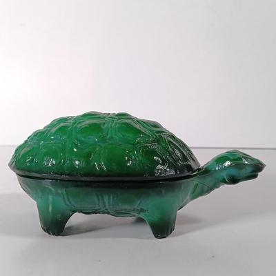 LOT 60D: Turtle Collection: Tiffany-Style Green Glass Turtle Lamp, Bohemian Green Glass Turtle Trinket Box, Indian Metal Turtle Tray...