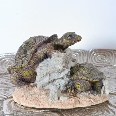 LOT 60D: Turtle Collection: Tiffany-Style Green Glass Turtle Lamp, Bohemian Green Glass Turtle Trinket Box, Indian Metal Turtle Tray...