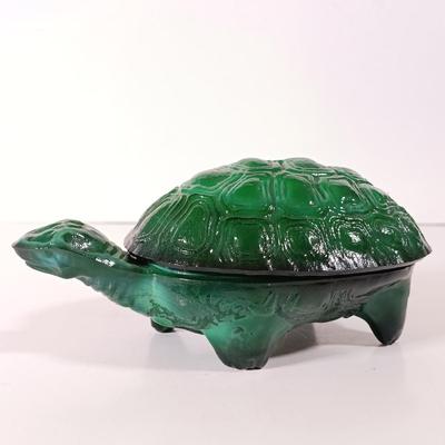 LOT 60D: Turtle Collection: Tiffany-Style Green Glass Turtle Lamp, Bohemian Green Glass Turtle Trinket Box, Indian Metal Turtle Tray...