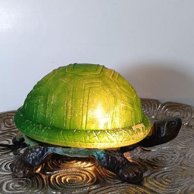 LOT 60D: Turtle Collection: Tiffany-Style Green Glass Turtle Lamp, Bohemian Green Glass Turtle Trinket Box, Indian Metal Turtle Tray...