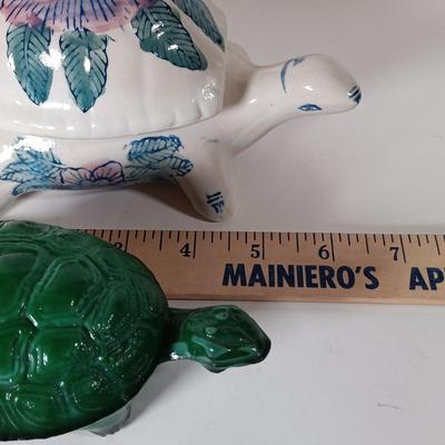 LOT 60D: Turtle Collection: Tiffany-Style Green Glass Turtle Lamp, Bohemian Green Glass Turtle Trinket Box, Indian Metal Turtle Tray...