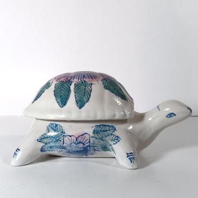 LOT 60D: Turtle Collection: Tiffany-Style Green Glass Turtle Lamp, Bohemian Green Glass Turtle Trinket Box, Indian Metal Turtle Tray...