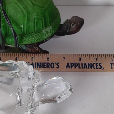 LOT 60D: Turtle Collection: Tiffany-Style Green Glass Turtle Lamp, Bohemian Green Glass Turtle Trinket Box, Indian Metal Turtle Tray...
